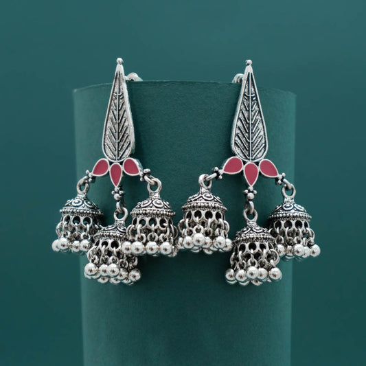 Silver Plated Enamel Artwork Triple Jhumki Earring - PT100386