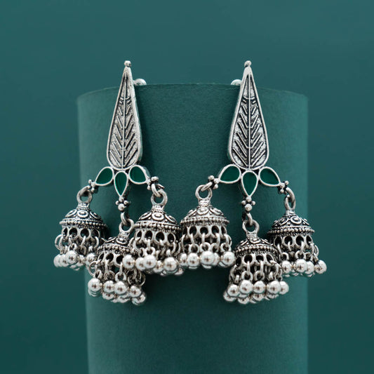 Silver Plated Enamel Artwork Triple Jhumki Earring - PT100386