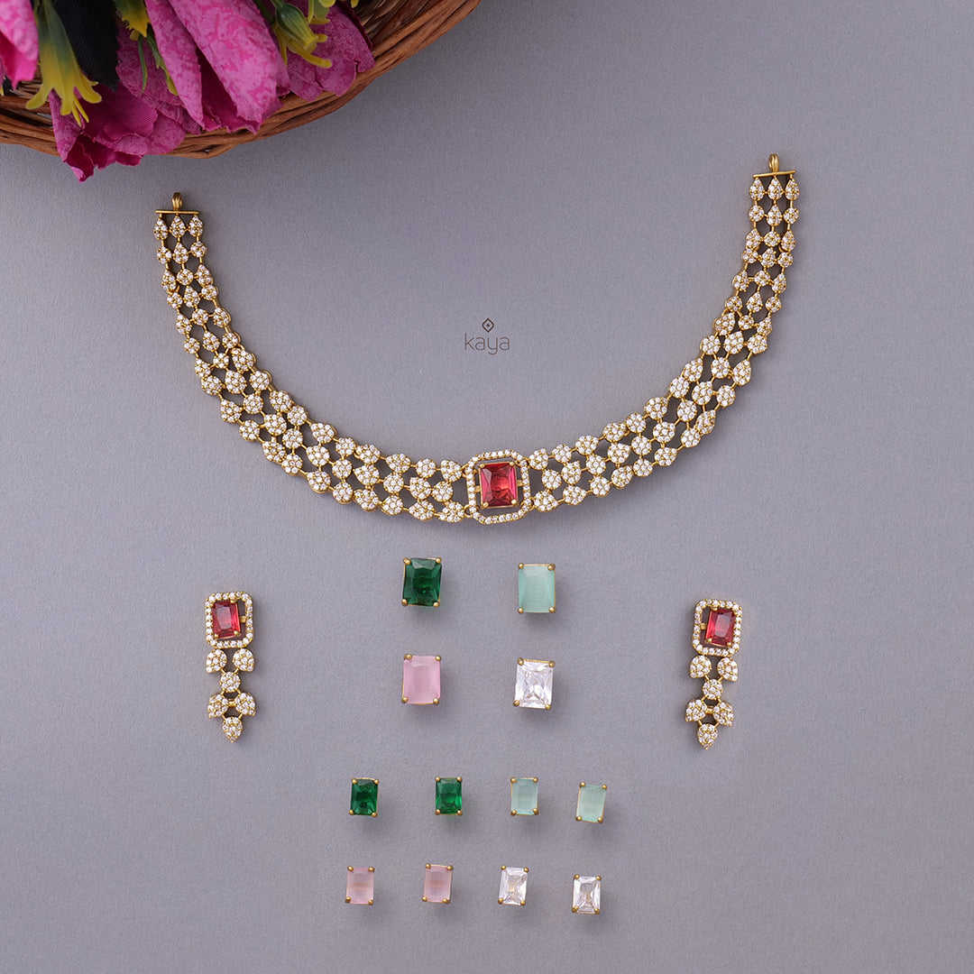 BH101072 - Premium Antique Necklace with 5 Interchangable stones Earring Set