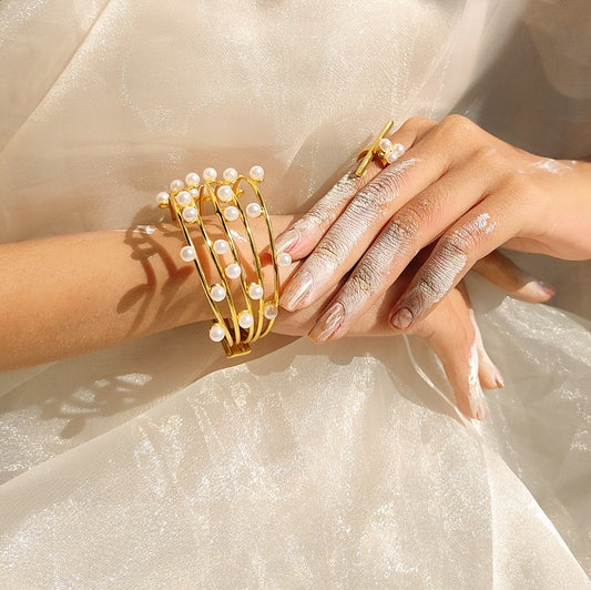 AS101135 -  Golden handcuff Bangles with pearls
