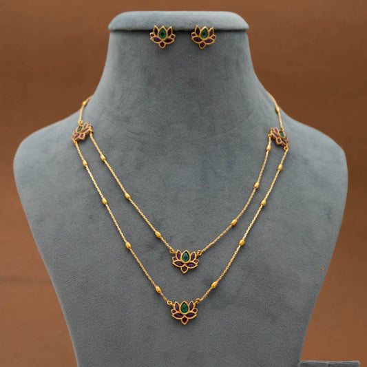 SN101493 - Premium Antique Lotus Layer Necklace with Earrings