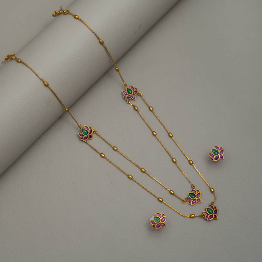 SN101493 - Premium Antique Lotus Layer Necklace with Earrings