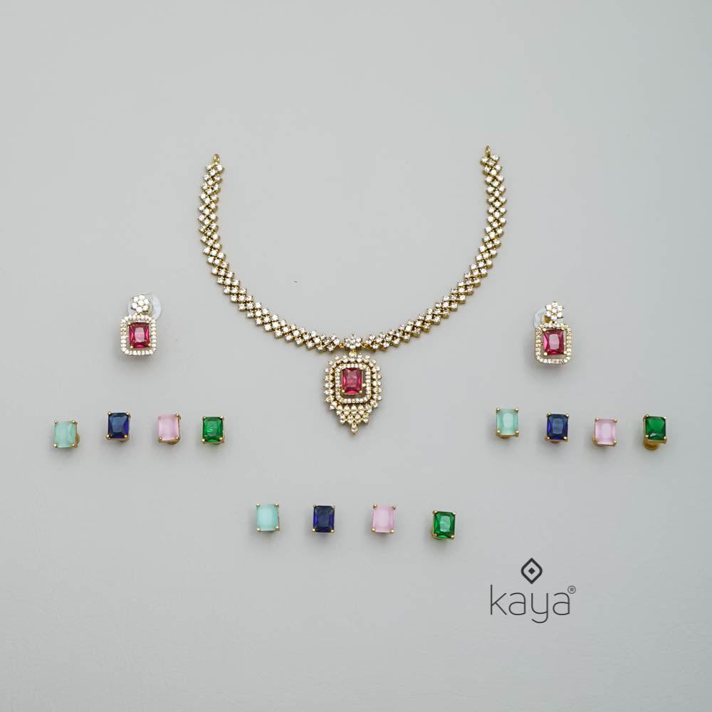 SC101298 - Premium AD Stone Necklace with 5 Interchangable stones Earring Set