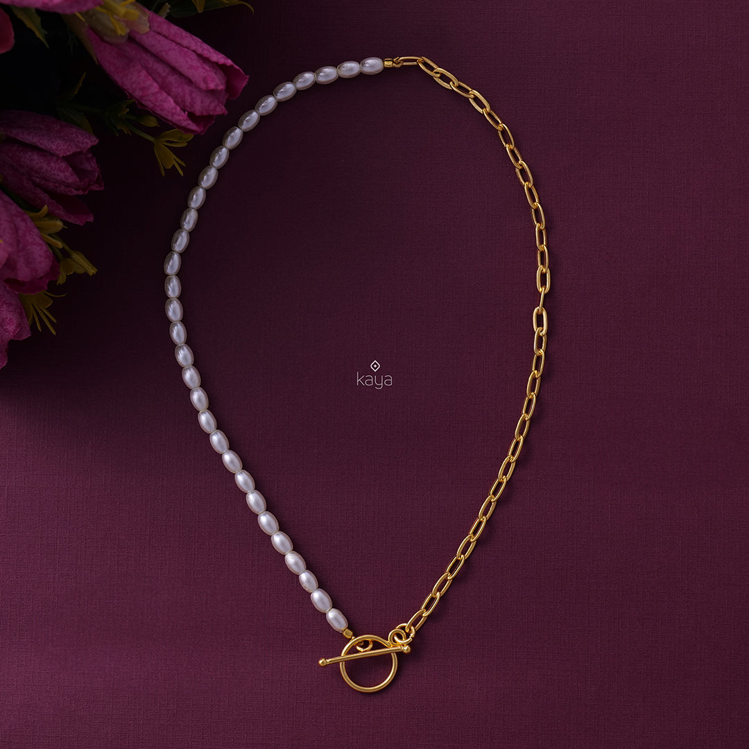 AS101053 - Gold Plated Half Pearl Half  Link Chain