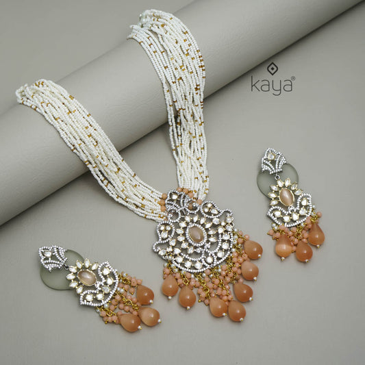 American Diamond Beaded Long Necklace Earring Set (color option)- FS100142