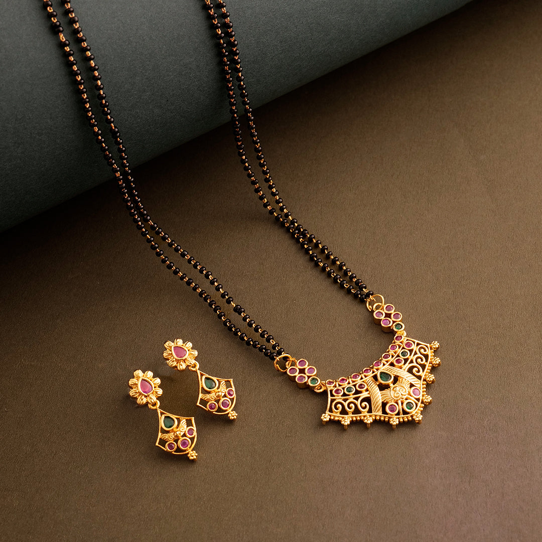 Gold Plated AD Stone Pendant Mangalsutra Necklace with Earring Set - SR100569