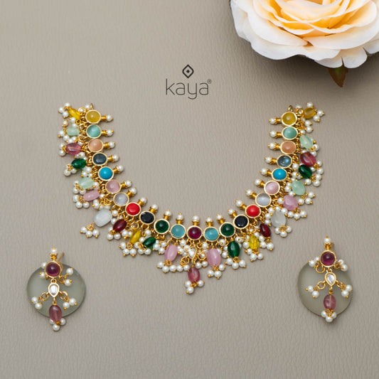 KH101331 - Semi precious Monalisa Stone Choker Necklace Earrings Set