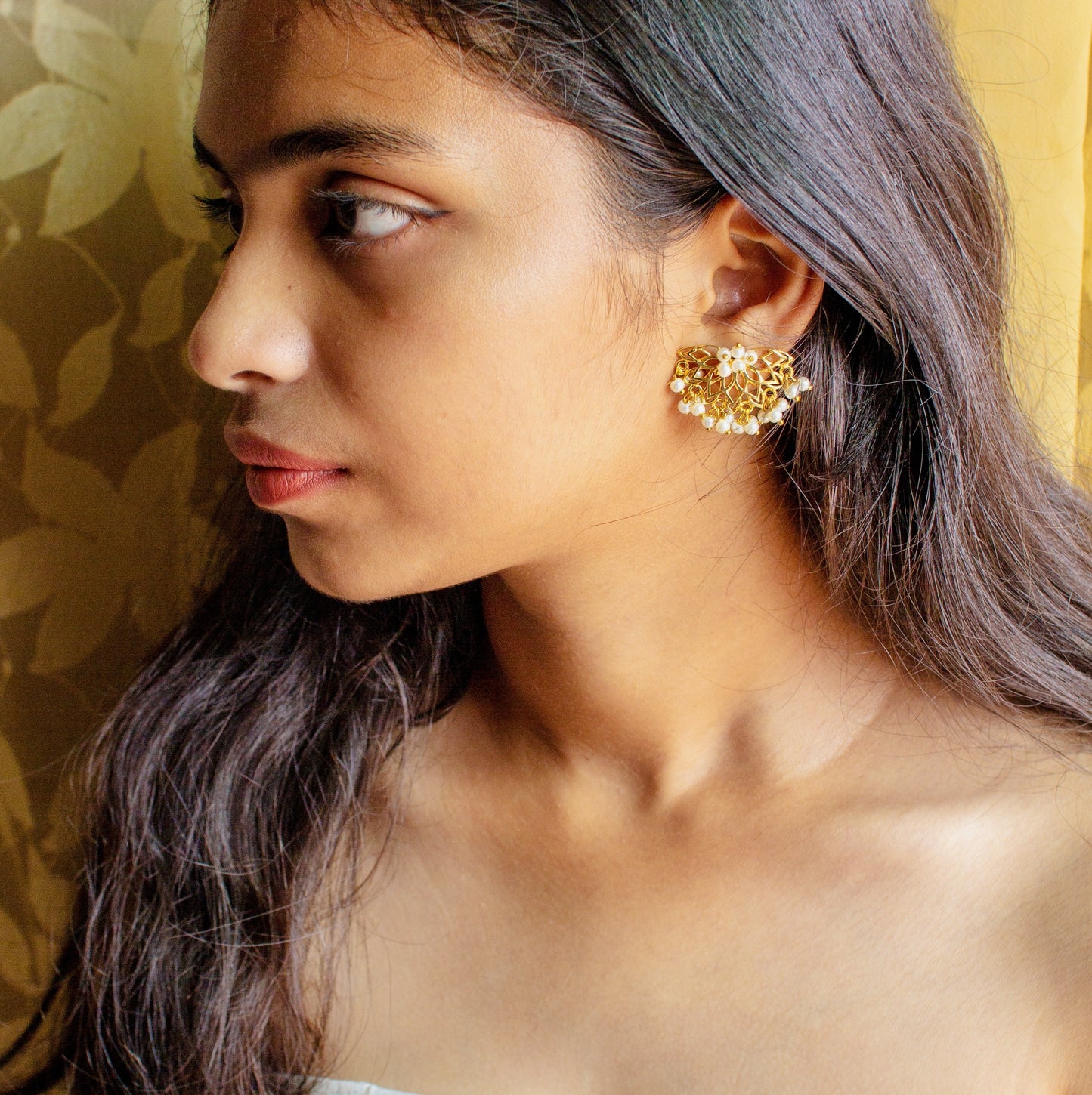 Gold toned Pearl Clustering stud Earrings - AS100422