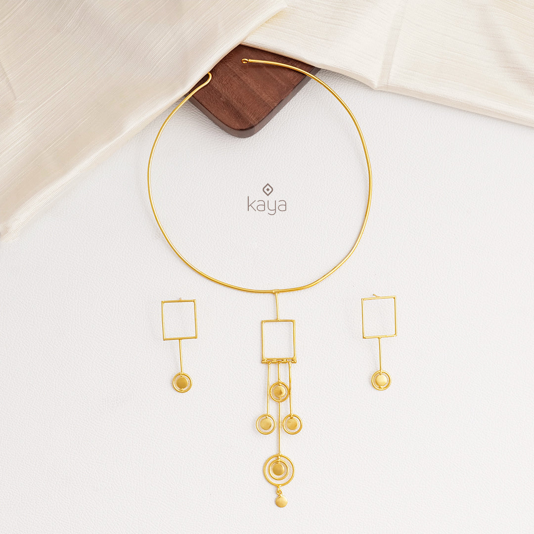 Golden Geometric Cuff Necklace with matching Earrings - KC100697