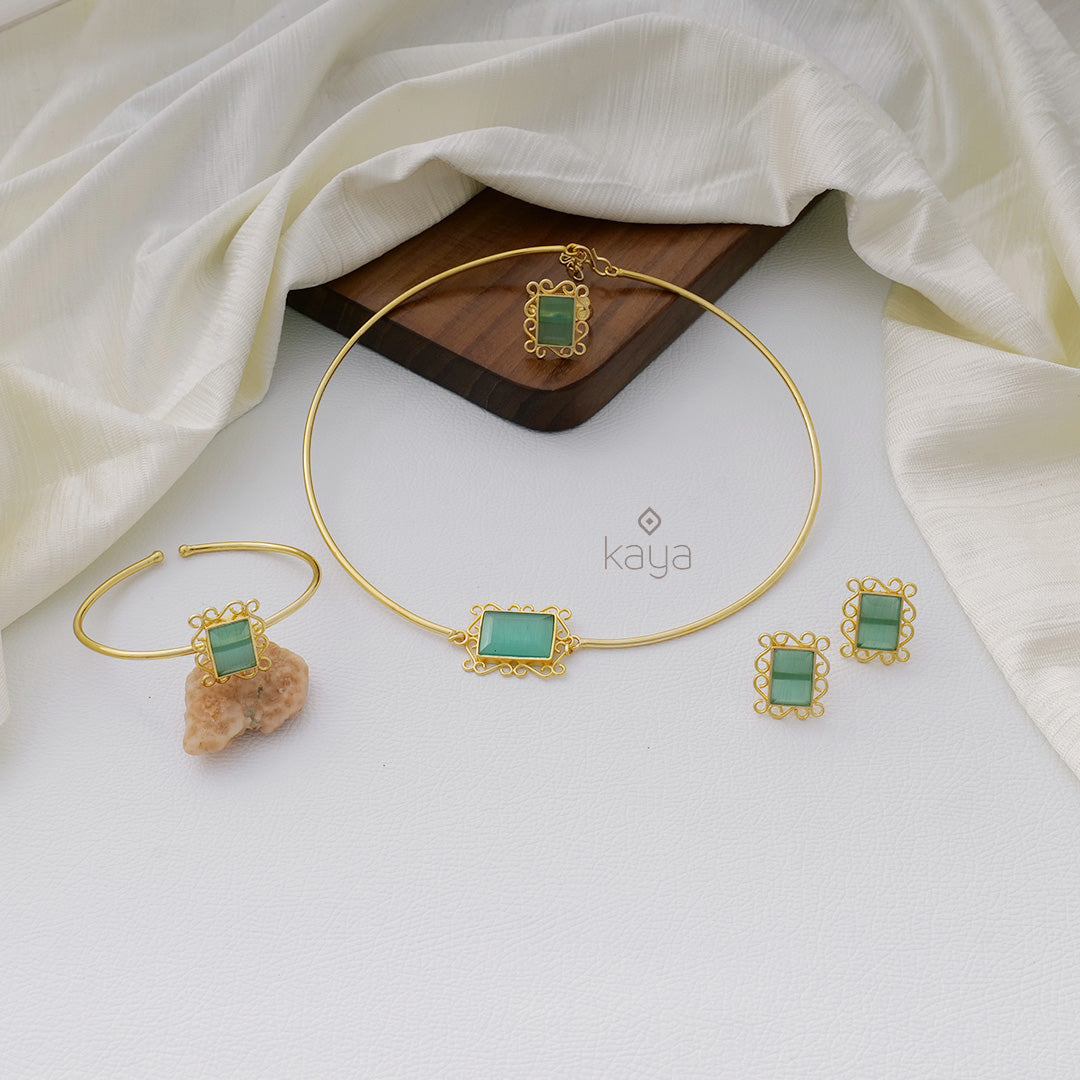A 9ct gold gem set ring and a gem set pendant on chain and gem set earrings,  approx. 4.6 grams finge