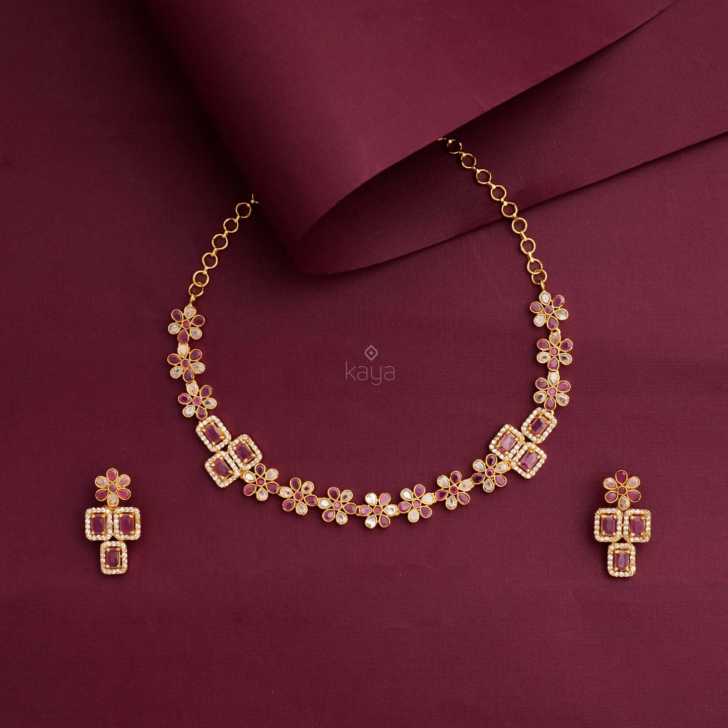 Gold Tone AD Stone Bridal Necklace Earrings Set-SR100545
