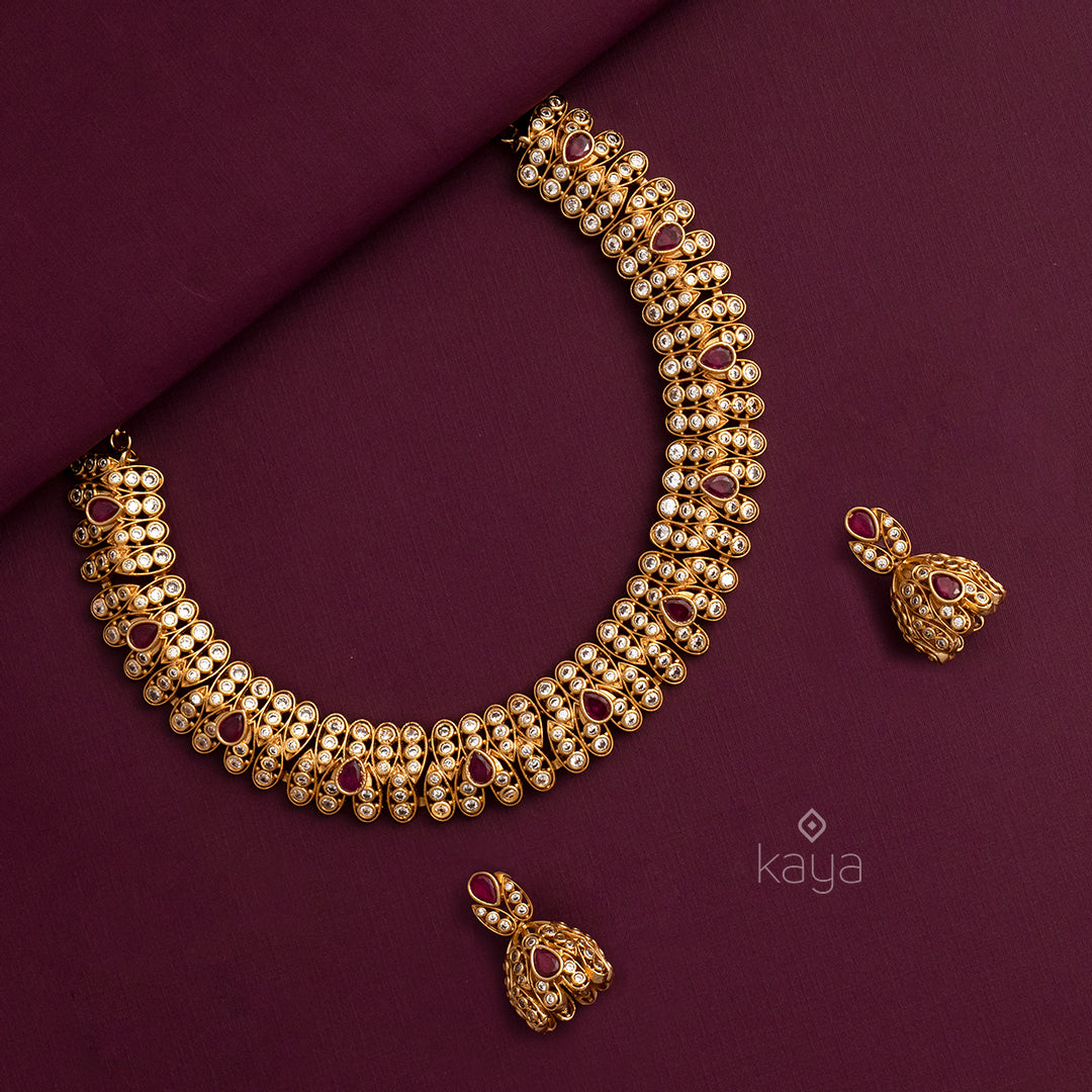 Gold Tone AD Stone Bridal Necklace Jumkha Earring Set (color option) - PE100652