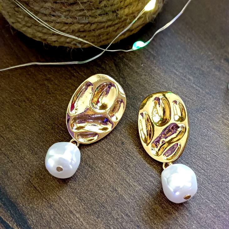Gold Plated Handcrafted Geometric Pearl Drop Earrings - PT100253