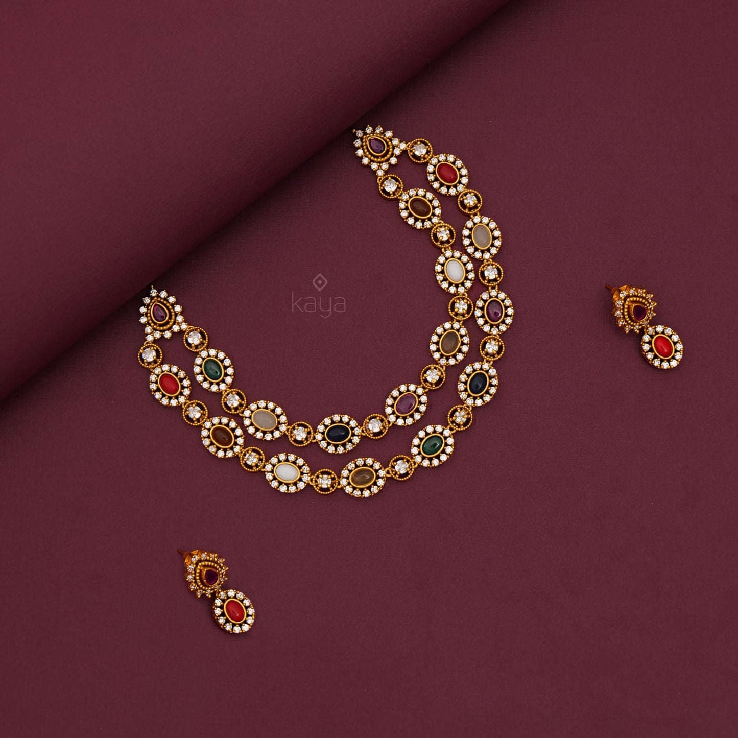 Navarathna Stone  Antique Necklace Set -Premium Quality
